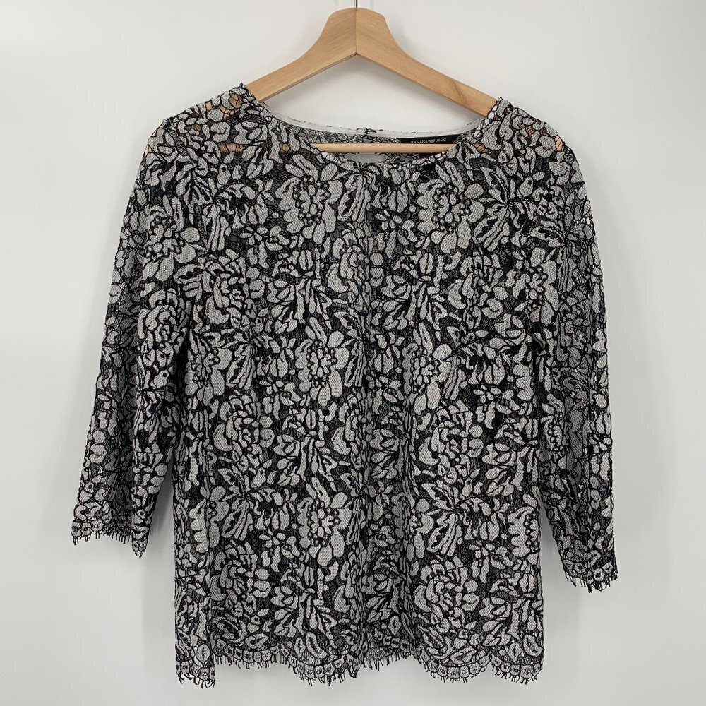 Banana Republic Floral Lace Top Black & White M